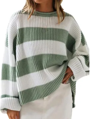 Women's Fall Long Sleeve Crew Neck Striped Color Block Comfy Loose Oversized Knitted Pullover Sweater 2025