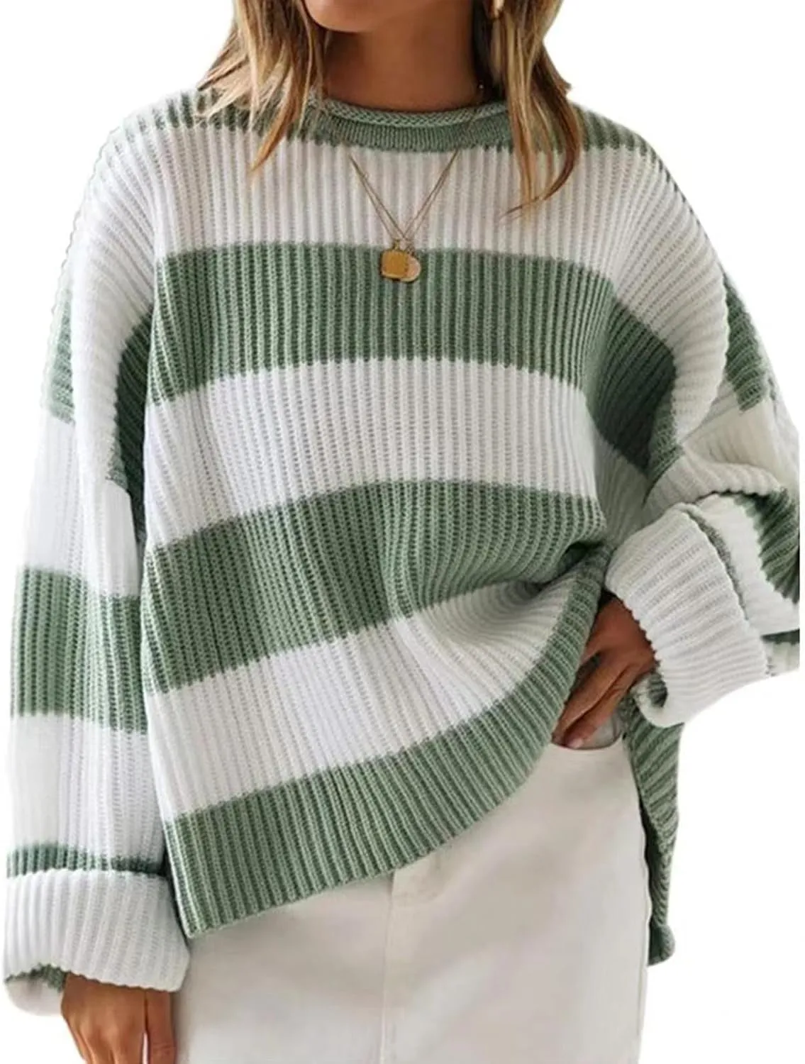 Women's Fall Long Sleeve Crew Neck Striped Color Block Comfy Loose Oversized Knitted Pullover Sweater 2025