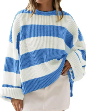 Women's Fall Long Sleeve Crew Neck Striped Color Block Comfy Loose Oversized Knitted Pullover Sweater 2025