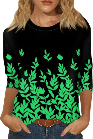 Womens Fall Tops Crew Neck Cute Tshirts 3/4 Length Sleeve Floral Print Loose Blouses Dressy Casual 2024 Pullover