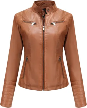 Women's Faux Leather Moto Biker Jacket With Zipper Spring Autumn Black Red Coffee Motorcycle Jacket