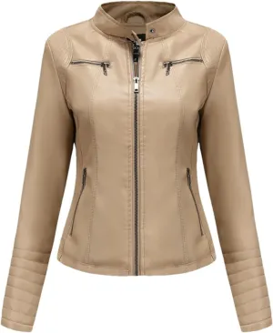 Women's Faux Leather Moto Biker Jacket With Zipper Spring Autumn Black Red Coffee Motorcycle Jacket