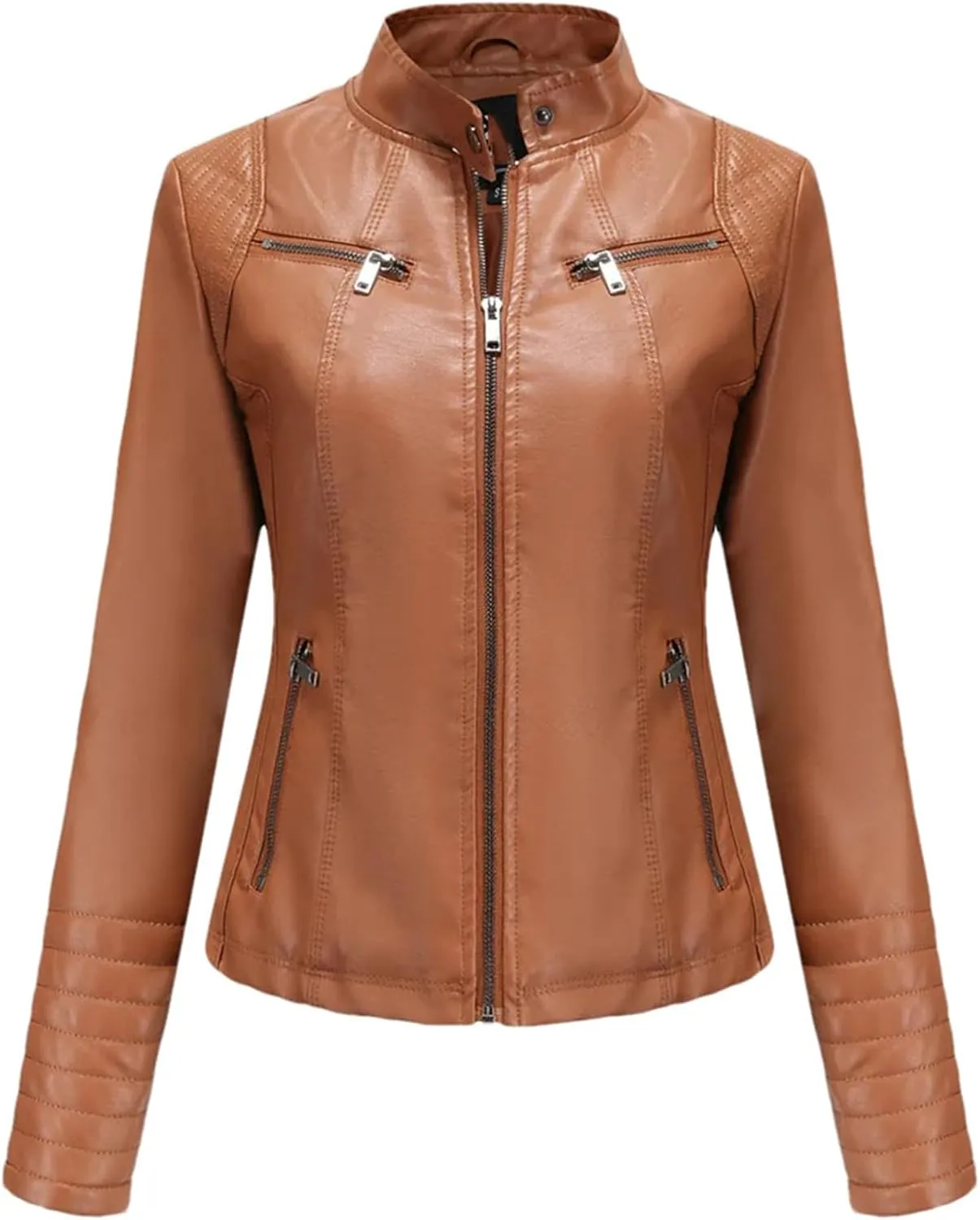 Women's Faux Leather Moto Biker Jacket With Zipper Spring Autumn Black Red Coffee Motorcycle Jacket