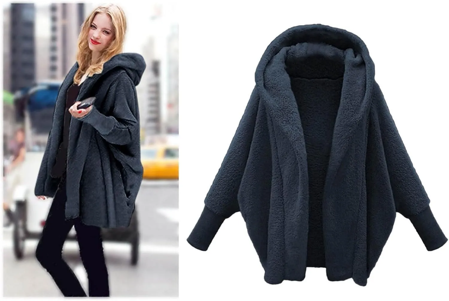 Women's Fleece Jacket Fashion Bat Sleeve Hooded Sweatshirt Solid Color Velvet Full Zip Jacket Open Front Outerwear