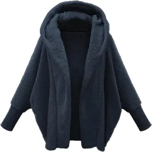 Women's Fleece Jacket Fashion Bat Sleeve Hooded Sweatshirt Solid Color Velvet Full Zip Jacket Open Front Outerwear