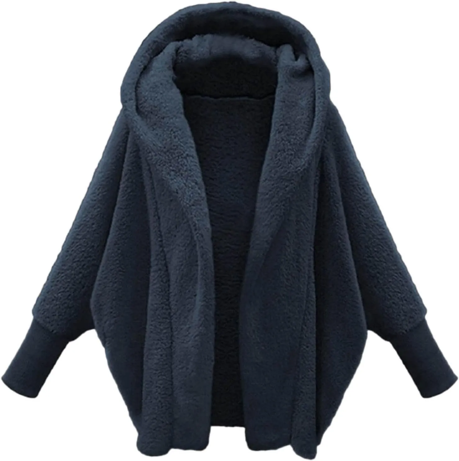 Women's Fleece Jacket Fashion Bat Sleeve Hooded Sweatshirt Solid Color Velvet Full Zip Jacket Open Front Outerwear