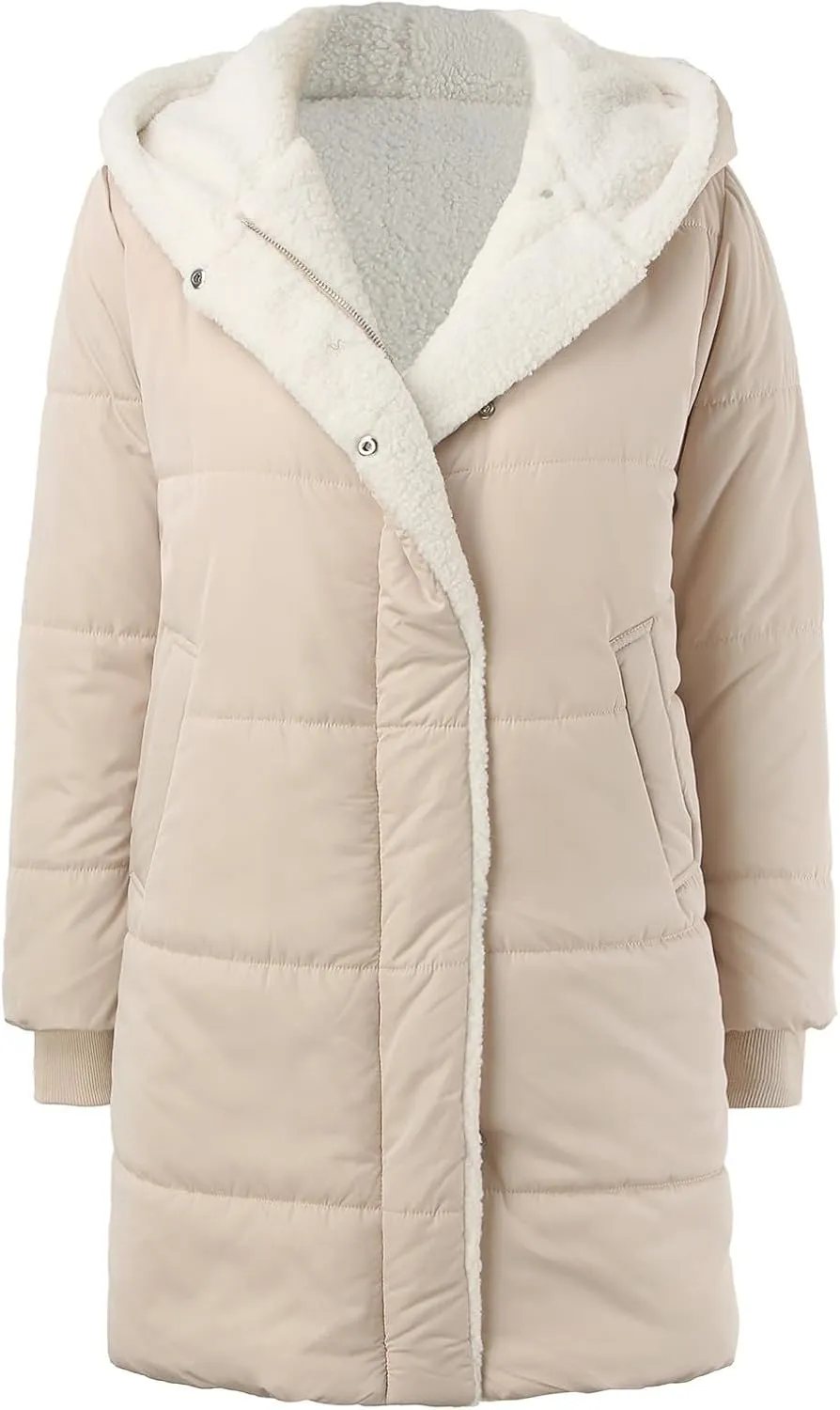 Womens Fleece Lined Long Puffer Jacket 2024 Winter Warm Comfy Down Coat Fashion Temperament Padded Outwear with Hood