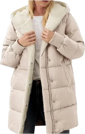Womens Fleece Lined Long Puffer Jacket 2024 Winter Warm Comfy Down Coat Fashion Temperament Padded Outwear with Hood