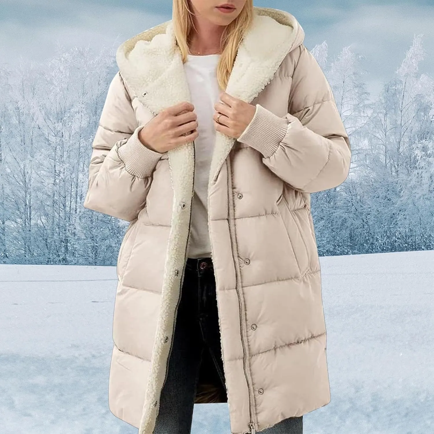 Womens Fleece Lined Long Puffer Jacket 2024 Winter Warm Comfy Down Coat Fashion Temperament Padded Outwear with Hood