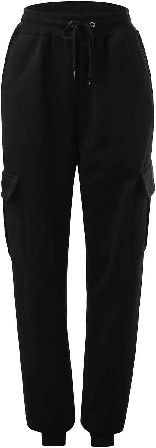 Womens Fleece Lined Sweatpants Ladies Solid Color Drawstring Elastic Waist Casual Loose Foot Fleece Sweatpants High