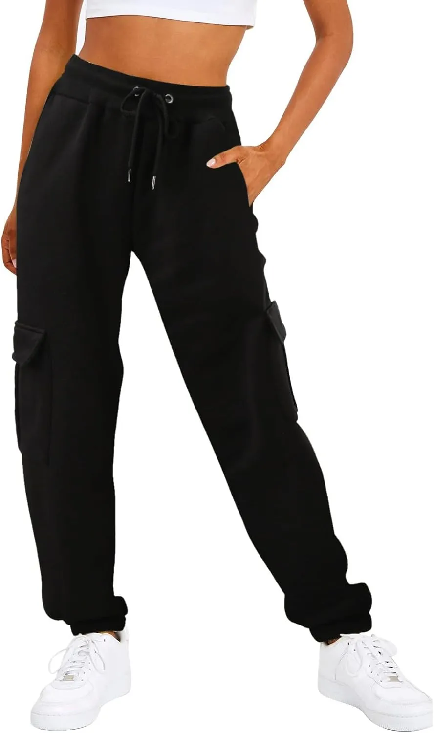 Womens Fleece Lined Sweatpants Ladies Solid Color Drawstring Elastic Waist Casual Loose Foot Fleece Sweatpants High