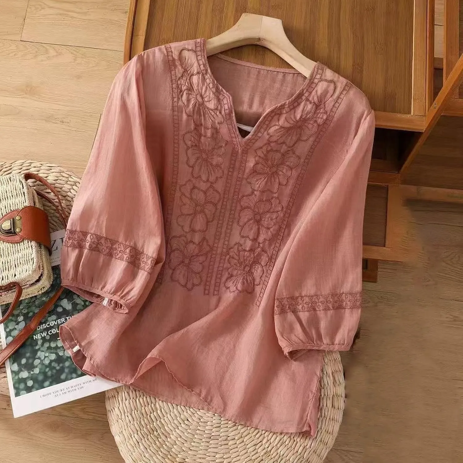 Womens Floral Embroidered Tops 3/4 Sleeve Boho Cotton Blouse Plus Size Summer Flowy Ethnic Style Peasent Henley Shirt