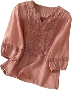 Womens Floral Embroidered Tops 3/4 Sleeve Boho Cotton Blouse Plus Size Summer Flowy Ethnic Style Peasent Henley Shirt