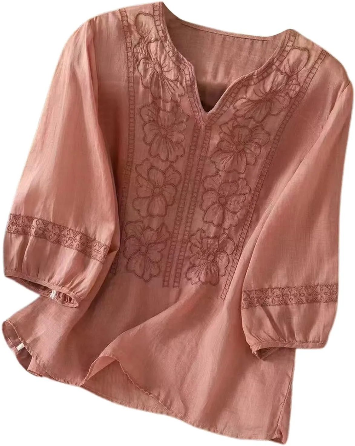Womens Floral Embroidered Tops 3/4 Sleeve Boho Cotton Blouse Plus Size Summer Flowy Ethnic Style Peasent Henley Shirt
