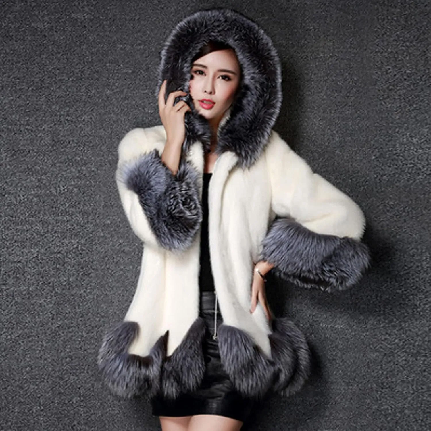 Womens Furry Hooded Jackets Faux Fur Splicing Jacket Warm Winter Coats for Women Plus Size Fluffy Outerwear