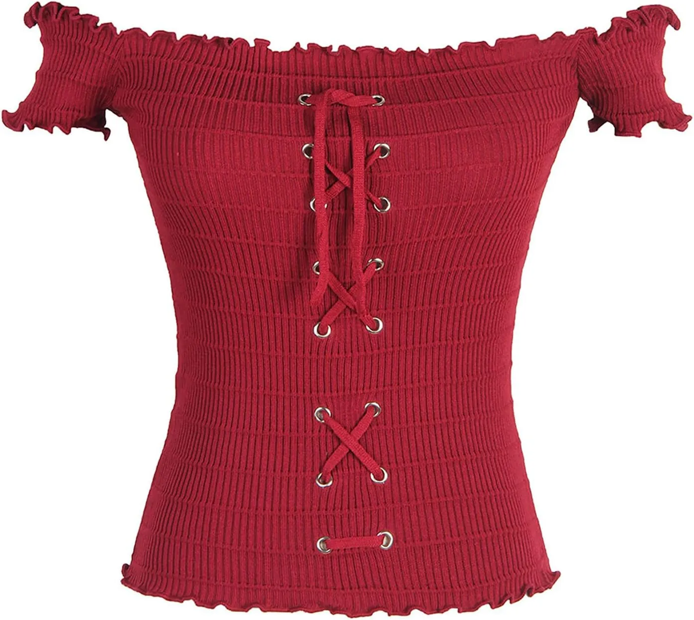 Womens Going Out Tee Shirts Summer Sexy Lace Up Front Off The Shoulder Crop Tops Solid Color Fashion Slim Fit Blouse