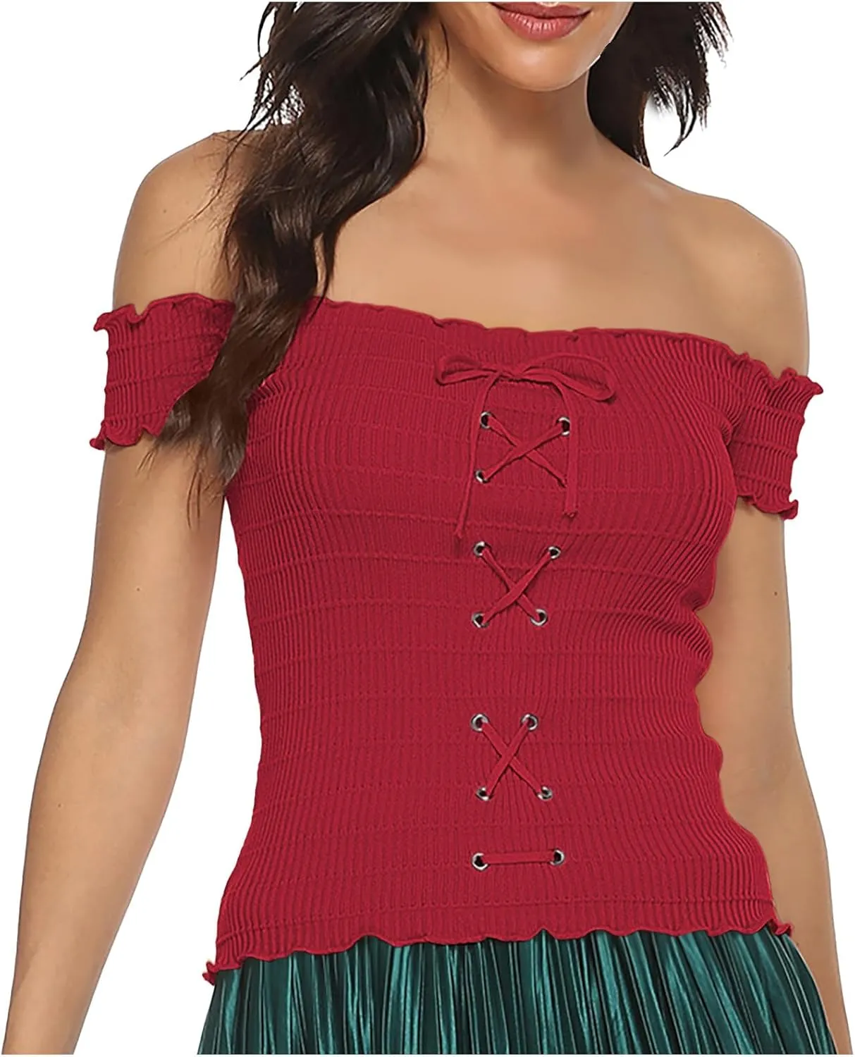 Womens Going Out Tee Shirts Summer Sexy Lace Up Front Off The Shoulder Crop Tops Solid Color Fashion Slim Fit Blouse