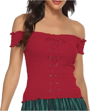 Womens Going Out Tee Shirts Summer Sexy Lace Up Front Off The Shoulder Crop Tops Solid Color Fashion Slim Fit Blouse