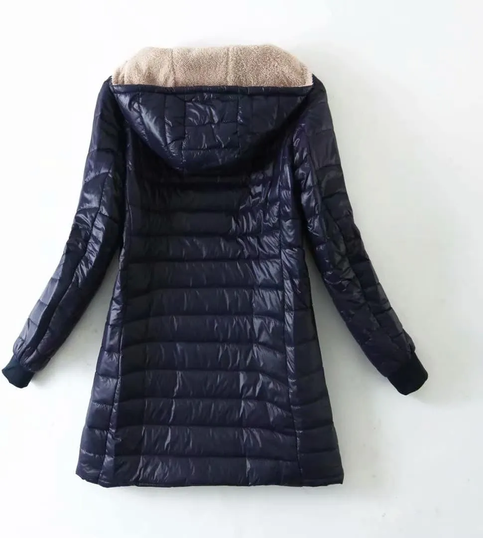 Womens Hoodded Fleece Lined Jackek Sherpa Hoodies Winter Thicken Warm Mid-Long Quilted Coat Slim Fit Zip Up Outerwear