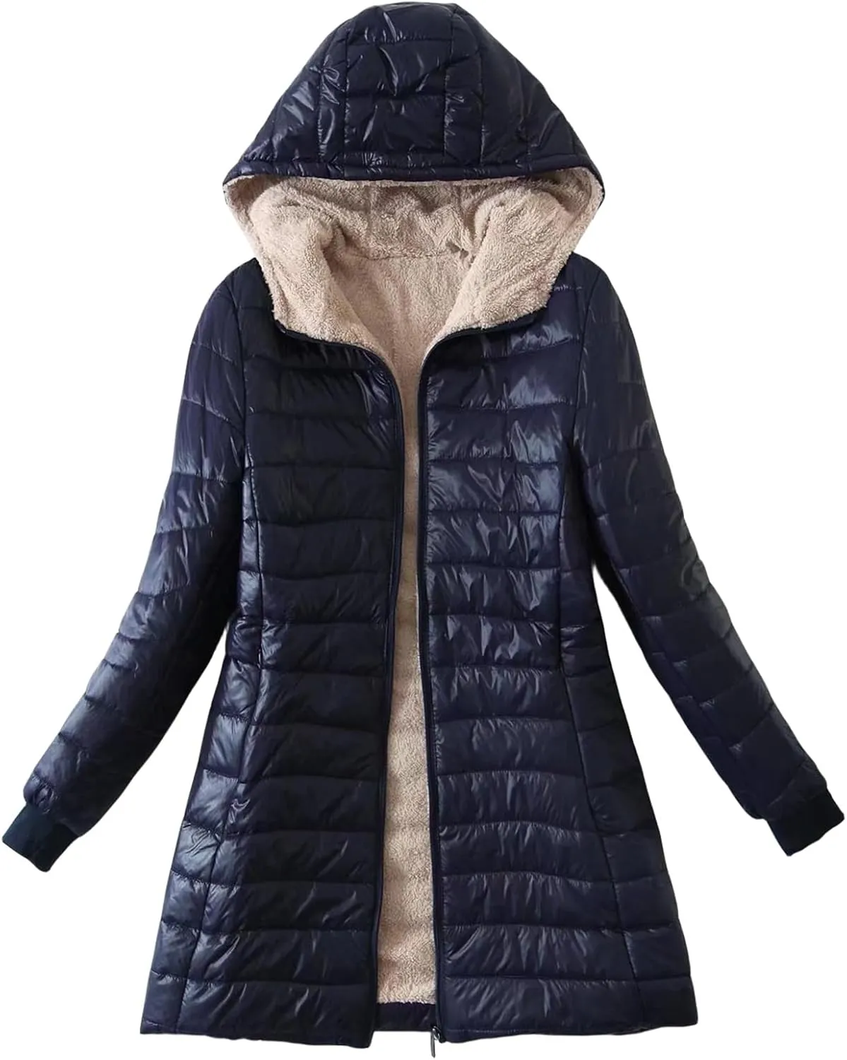 Womens Hoodded Fleece Lined Jackek Sherpa Hoodies Winter Thicken Warm Mid-Long Quilted Coat Slim Fit Zip Up Outerwear