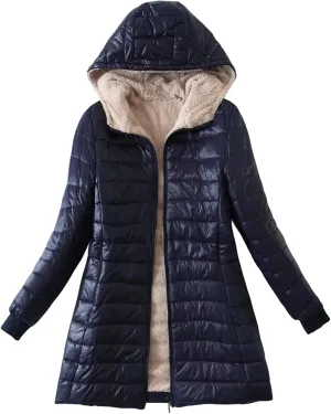 Womens Hoodded Fleece Lined Jackek Sherpa Hoodies Winter Thicken Warm Mid-Long Quilted Coat Slim Fit Zip Up Outerwear