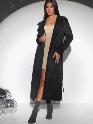 Women's Jackets Lapel Neck Belted Suedette Trench Coat Women Jackets (Color : Black, Size : X-Small)