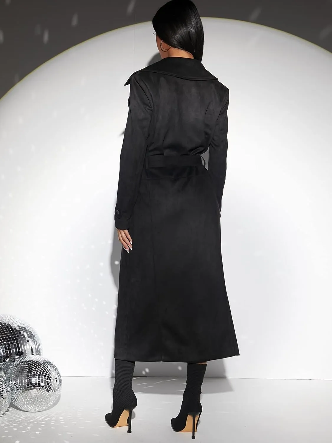 Women's Jackets Lapel Neck Belted Suedette Trench Coat Women Jackets (Color : Black, Size : X-Small)