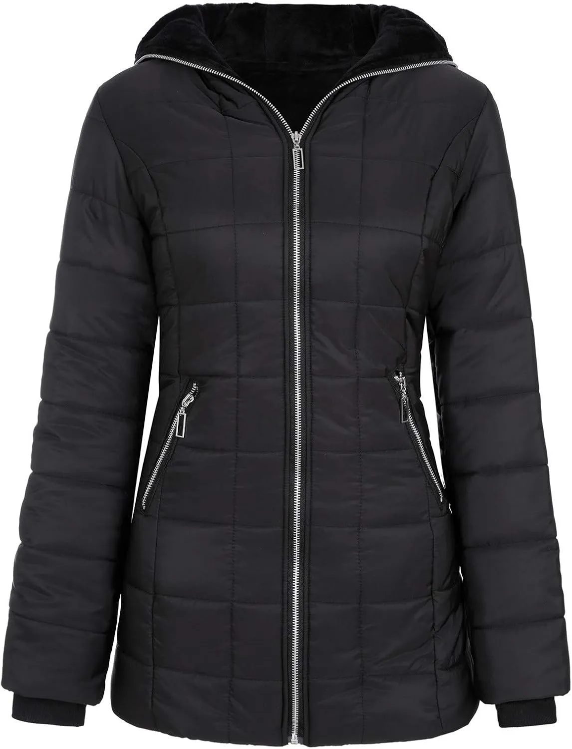 Womens Lightweight Puffer Jacket Winter Coats Warm Quilted Bubble Padded Coat Faux Fur Hooded Coatigan Outerwear