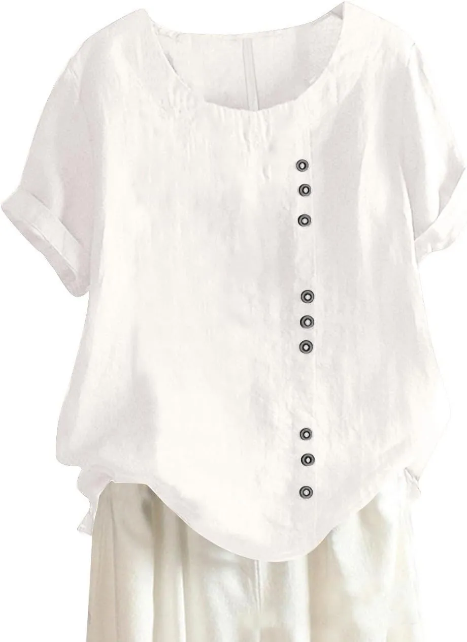 Womens Lined Tops Going Out Casual Short Sleeve Summer Tee Shirts Button Down Crewneck Solid Dressy Blouses