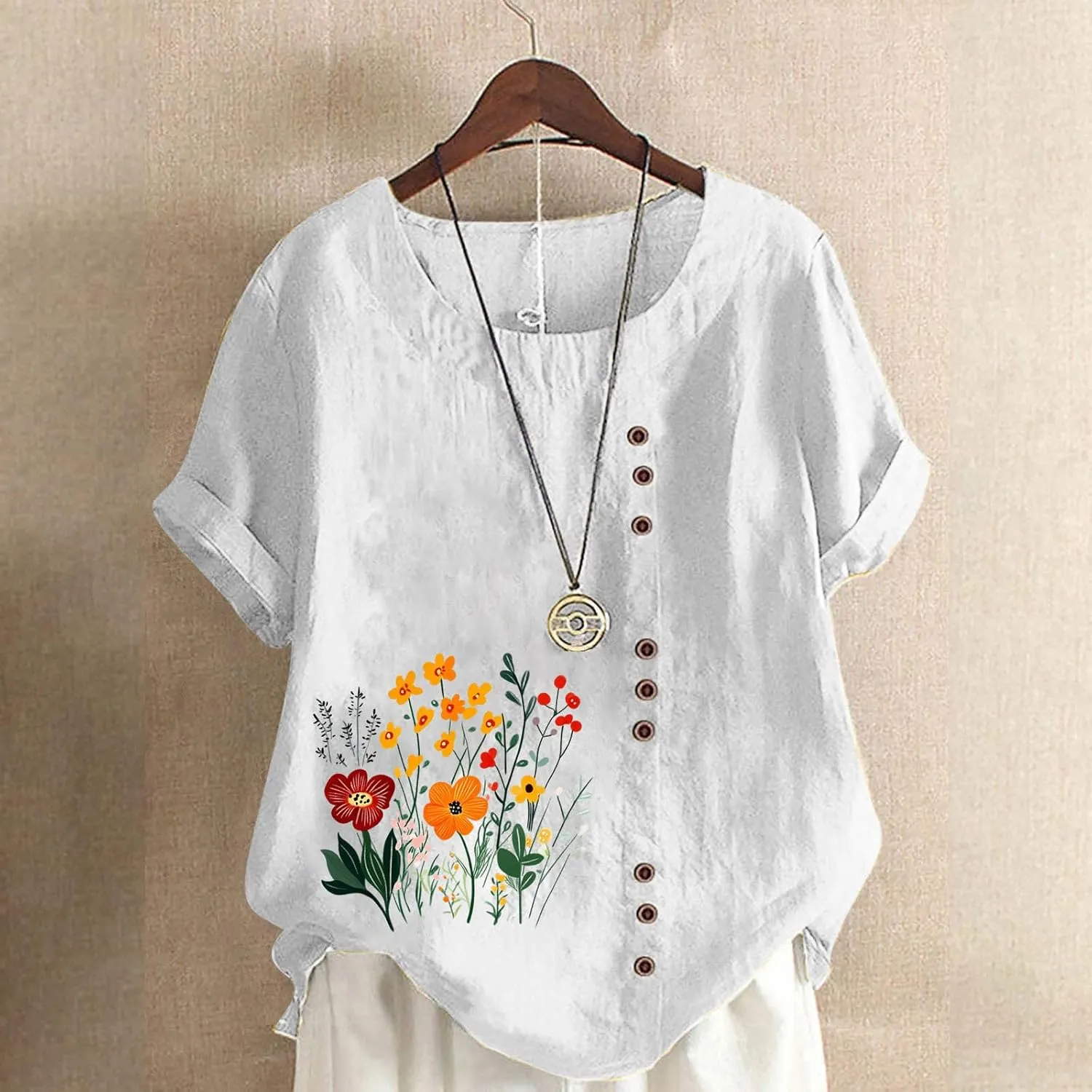 Women's Linen Button Down Shirts Plus Size Tops Floral Print Summer Blouses Comfy Casual Tunic Tops Loose Fit Tshirts