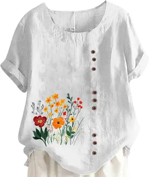 Women's Linen Button Down Shirts Plus Size Tops Floral Print Summer Blouses Comfy Casual Tunic Tops Loose Fit Tshirts