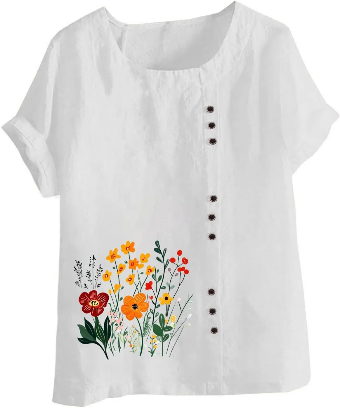 Women's Linen Button Down Shirts Plus Size Tops Floral Print Summer Blouses Comfy Casual Tunic Tops Loose Fit Tshirts