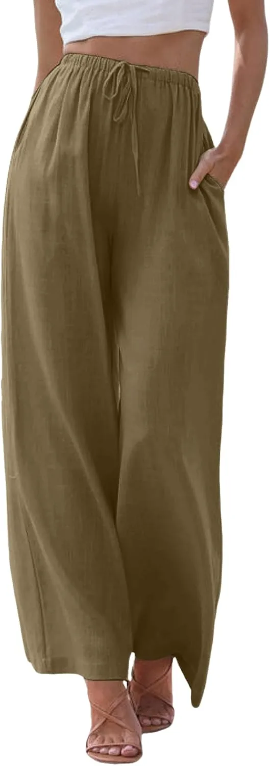 Womens Linen Pants Drawstring Elastic Waist Palazzo Pants Flowy Casual Beach Wide Leg Trousers Pockets 2025 Trendy