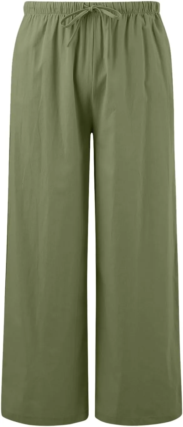 Womens Linen Pants Drawstring Elastic Waist Palazzo Pants Flowy Casual Beach Wide Leg Trousers Pockets 2025 Trendy