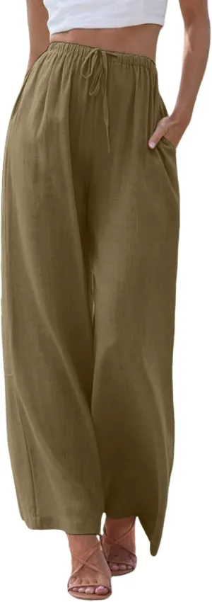 Womens Linen Pants Drawstring Elastic Waist Palazzo Pants Flowy Casual Beach Wide Leg Trousers Pockets 2025 Trendy