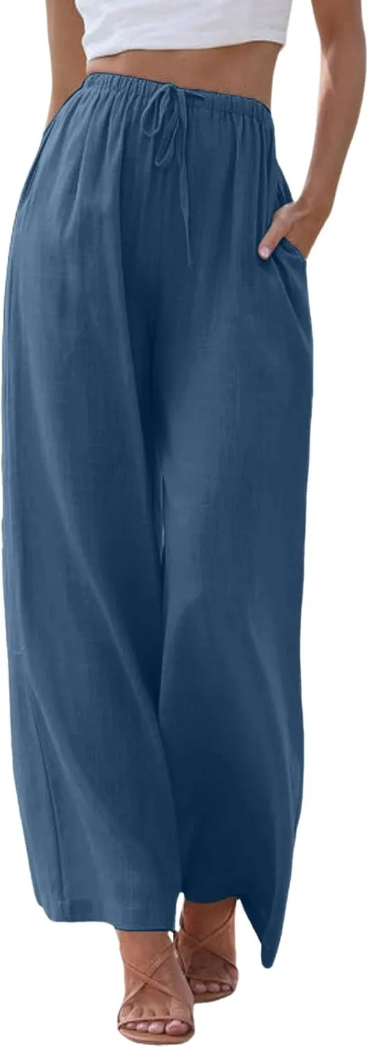 Womens Linen Pants Drawstring Elastic Waist Palazzo Pants Flowy Casual Beach Wide Leg Trousers Pockets 2025 Trendy