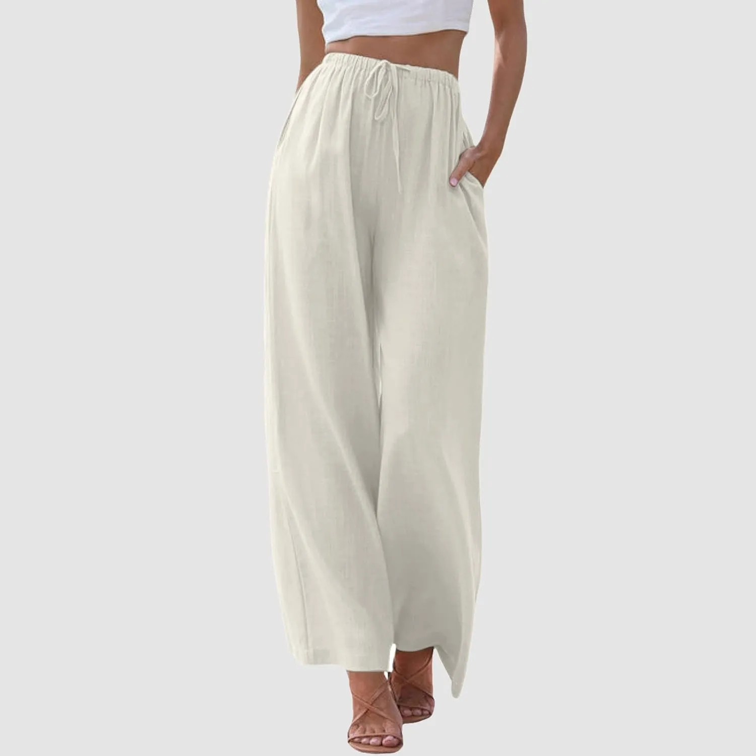 Womens Linen Pants Drawstring Elastic Waist Palazzo Pants Flowy Casual Beach Wide Leg Trousers Pockets 2025 Trendy