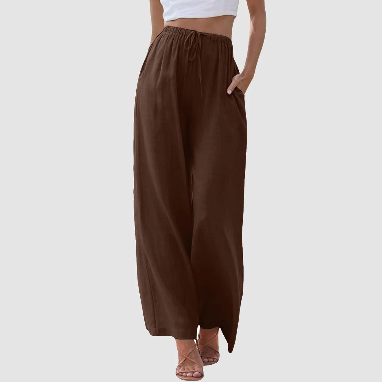 Womens Linen Pants Drawstring Elastic Waist Palazzo Pants Flowy Casual Beach Wide Leg Trousers Pockets 2025 Trendy