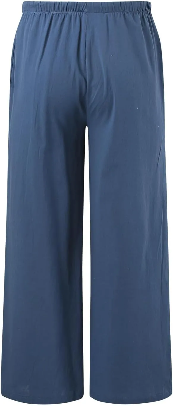 Womens Linen Pants Drawstring Elastic Waist Palazzo Pants Flowy Casual Beach Wide Leg Trousers Pockets 2025 Trendy