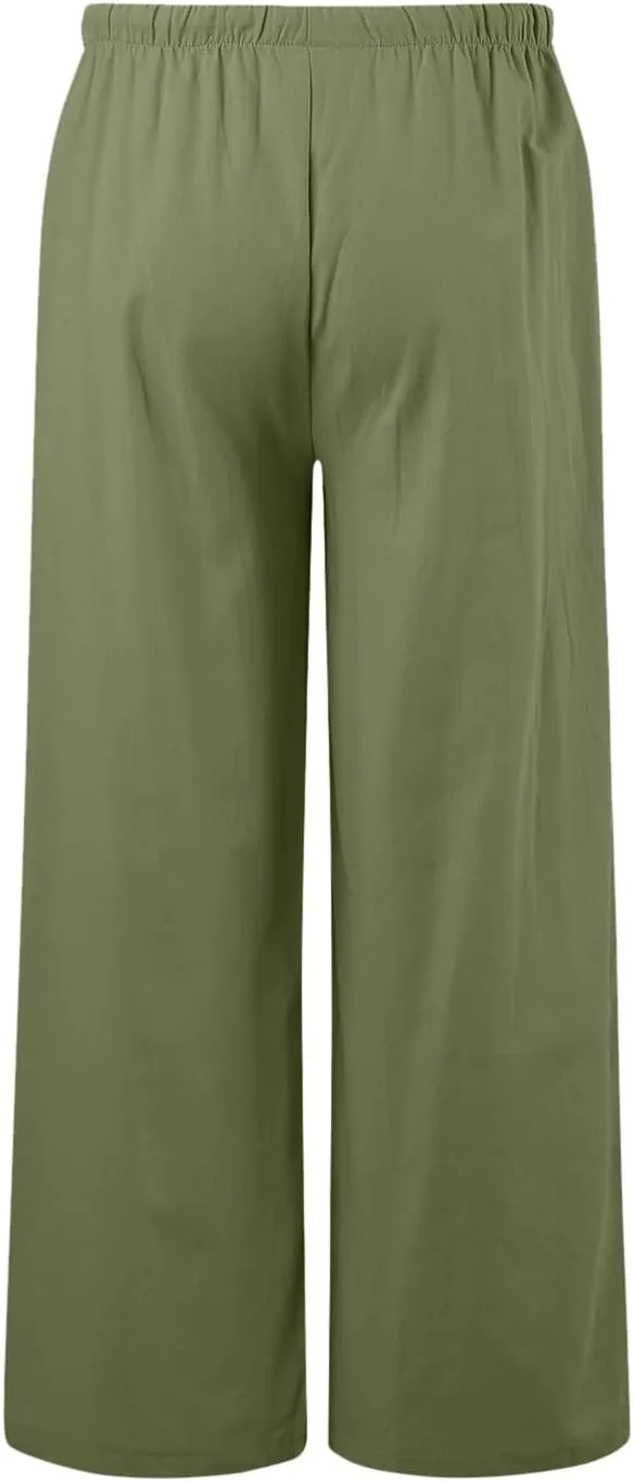 Womens Linen Pants Drawstring Elastic Waist Palazzo Pants Flowy Casual Beach Wide Leg Trousers Pockets 2025 Trendy