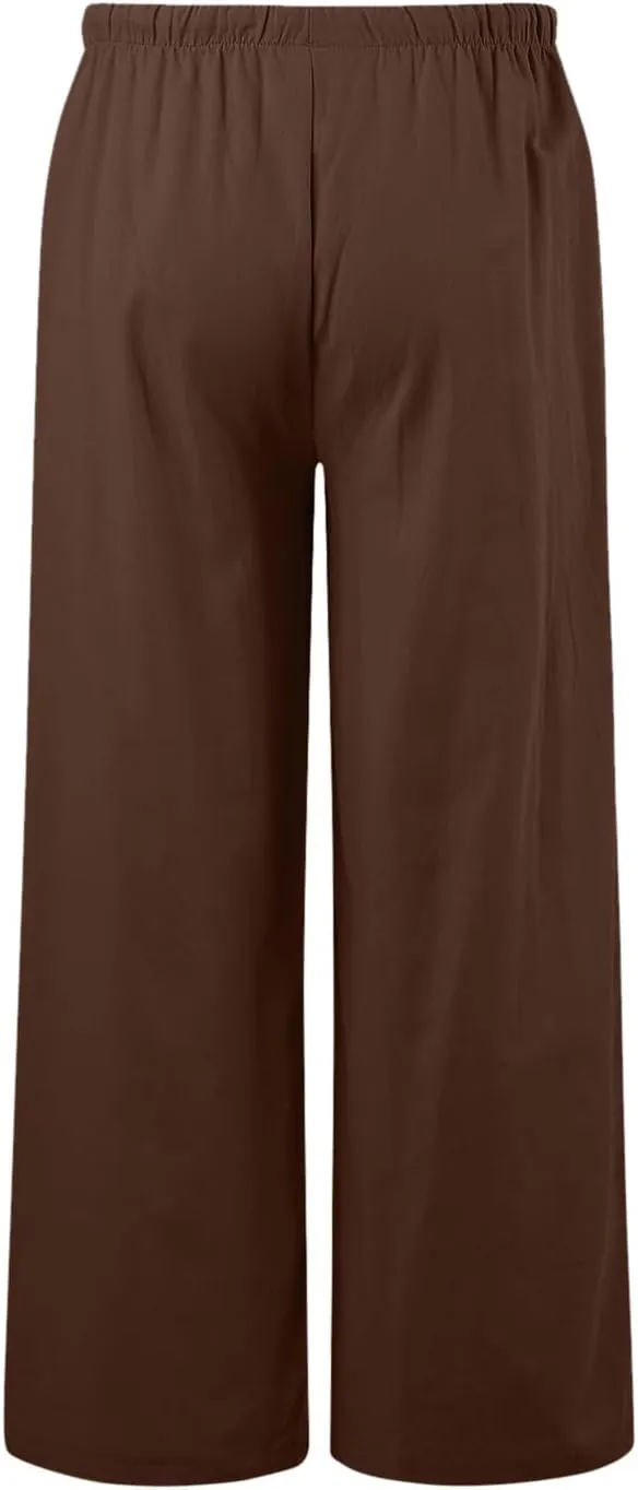 Womens Linen Pants Drawstring Elastic Waist Palazzo Pants Flowy Casual Beach Wide Leg Trousers Pockets 2025 Trendy