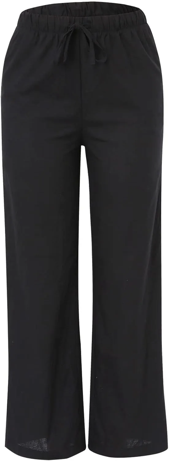 Womens Linen Pants Drawstring Elastic Waist Palazzo Pants Flowy Casual Beach Wide Leg Trousers Pockets 2025 Trendy