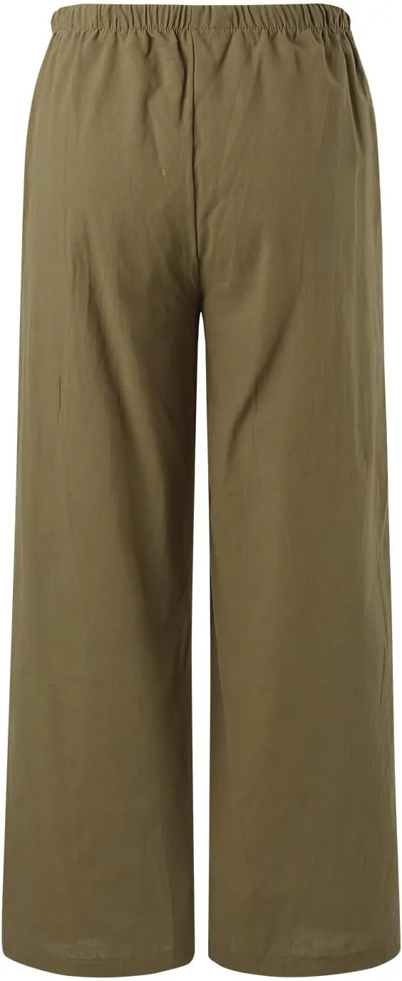 Womens Linen Pants Drawstring Elastic Waist Palazzo Pants Flowy Casual Beach Wide Leg Trousers Pockets 2025 Trendy
