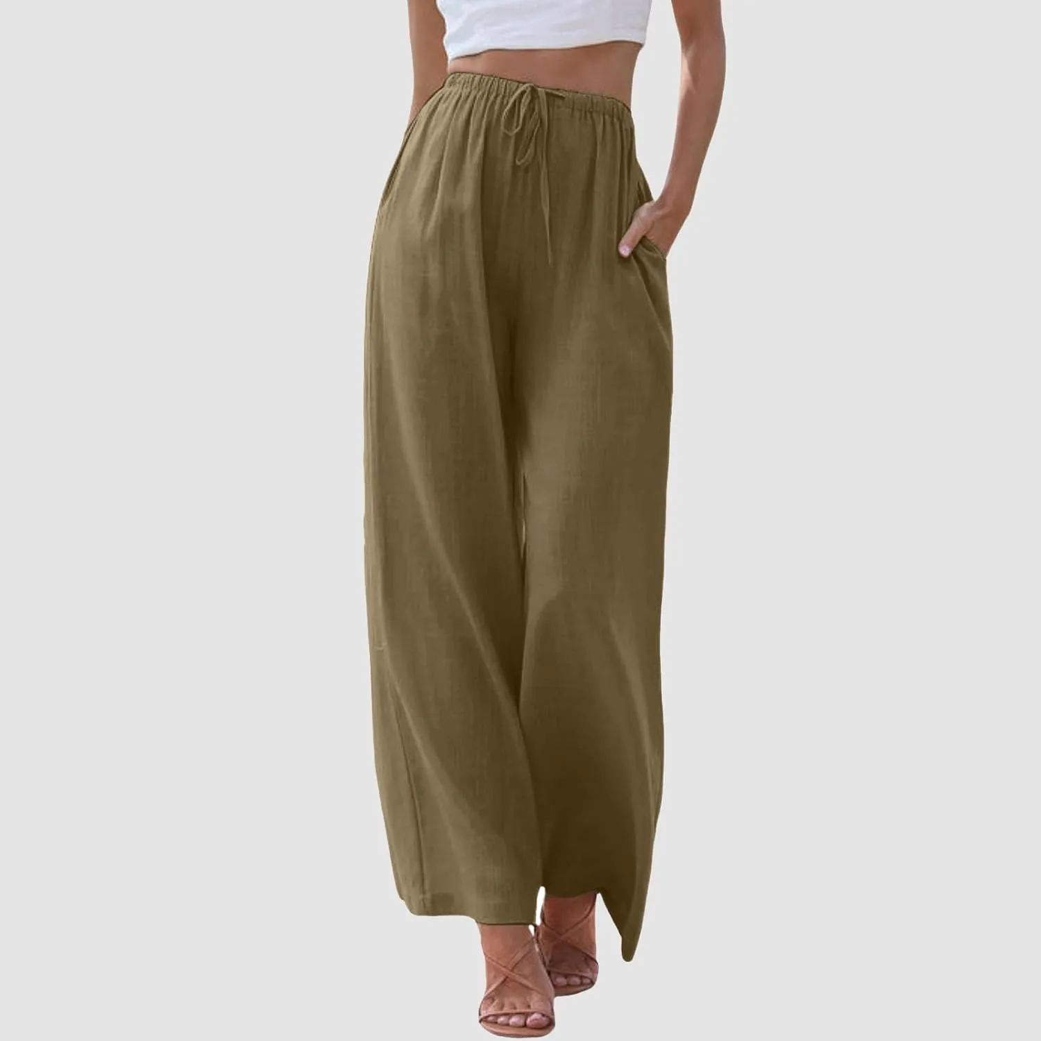 Womens Linen Pants Drawstring Elastic Waist Palazzo Pants Flowy Casual Beach Wide Leg Trousers Pockets 2025 Trendy