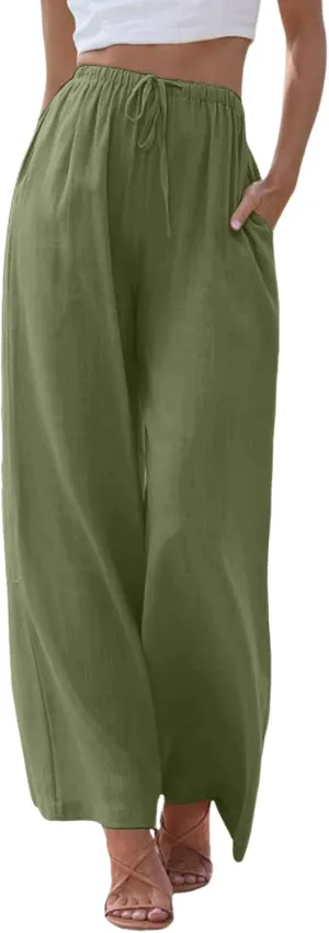 Womens Linen Pants Drawstring Elastic Waist Palazzo Pants Flowy Casual Beach Wide Leg Trousers Pockets 2025 Trendy