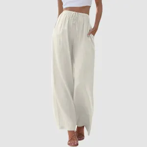 Womens Linen Pants Drawstring Elastic Waist Palazzo Pants Flowy Casual Beach Wide Leg Trousers Pockets 2025 Trendy