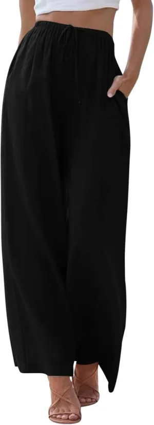 Womens Linen Pants Drawstring Elastic Waist Palazzo Pants Flowy Casual Beach Wide Leg Trousers Pockets 2025 Trendy