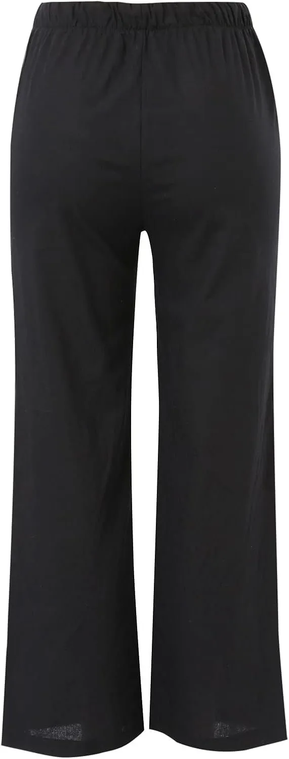 Womens Linen Pants Drawstring Elastic Waist Palazzo Pants Flowy Casual Beach Wide Leg Trousers Pockets 2025 Trendy