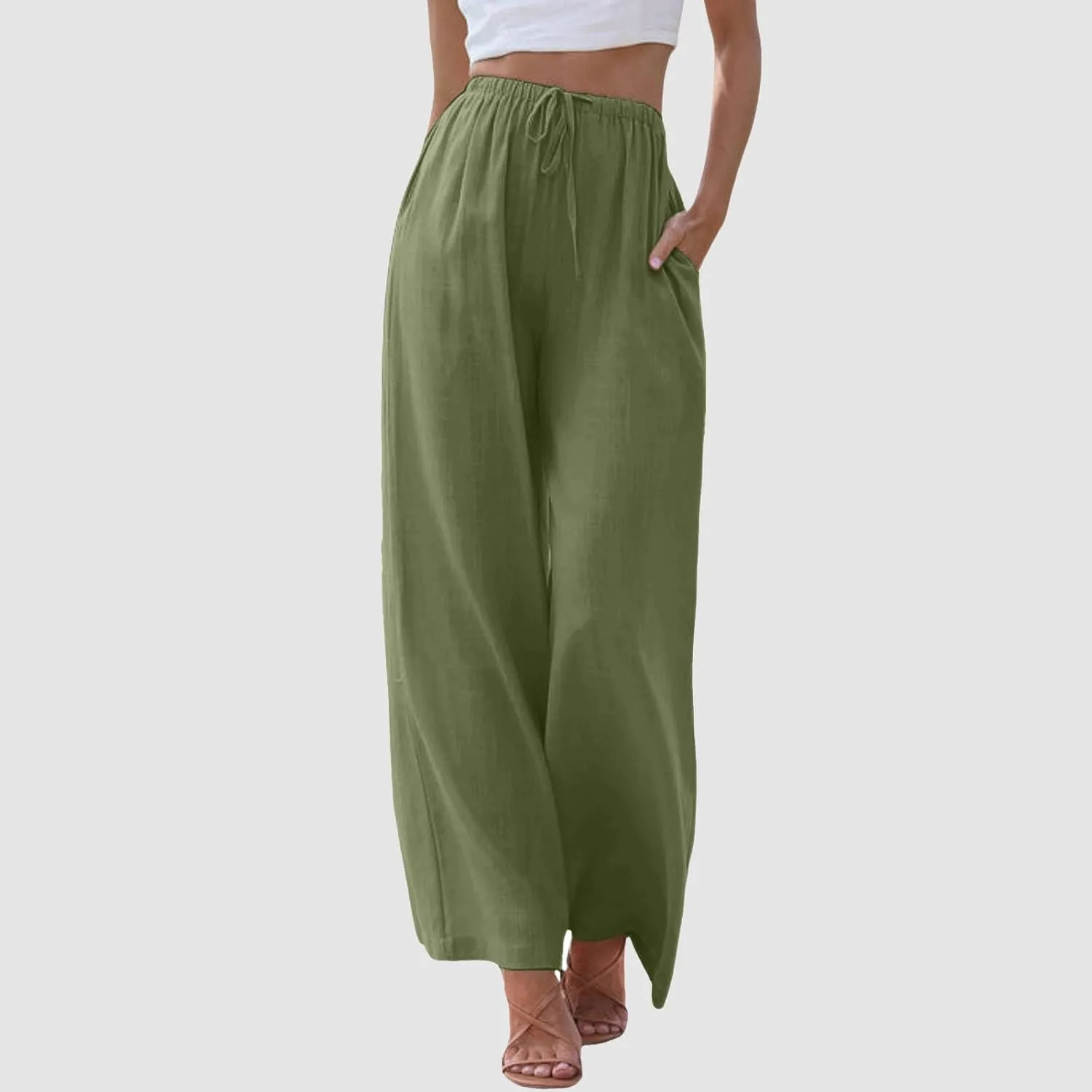 Womens Linen Pants Drawstring Elastic Waist Palazzo Pants Flowy Casual Beach Wide Leg Trousers Pockets 2025 Trendy