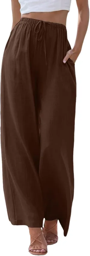 Womens Linen Pants Drawstring Elastic Waist Palazzo Pants Flowy Casual Beach Wide Leg Trousers Pockets 2025 Trendy